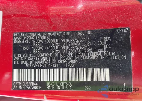 2007 Toyota Tundra Sr5 V8 from USA, damaged, VIN 5TFRV54147X012131